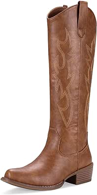 Jeossy 9809 Cowboy Boots for Women,Western Cowgirl Boots,Square Toe Knee High Embroided Pull on Wide Calf Boots with Inside Zipper