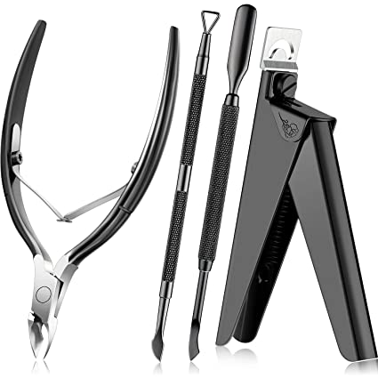 4 in 1 Acrylic Nail Clipper False Nail Tips Clipper Cuticle Trimmer Nipper with Cuticle Pusher Cuticle Remover, Stainless Steel Nail Manicure Set for Salon Home Nail Art Manicure Tool (Black)