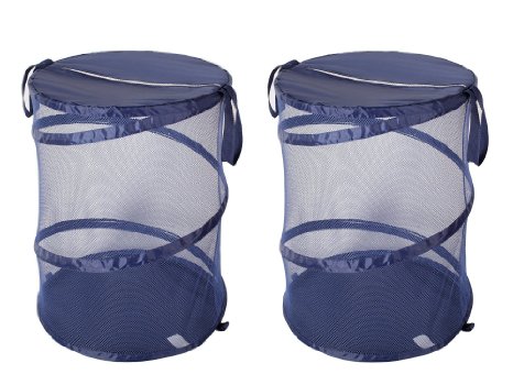StorageManiac Pack of 2 Pop-Up Mesh Laundry Hamper, Portable Folding Clothes Hamper with 2 Reinforced Carrying Handles, Dark Blue