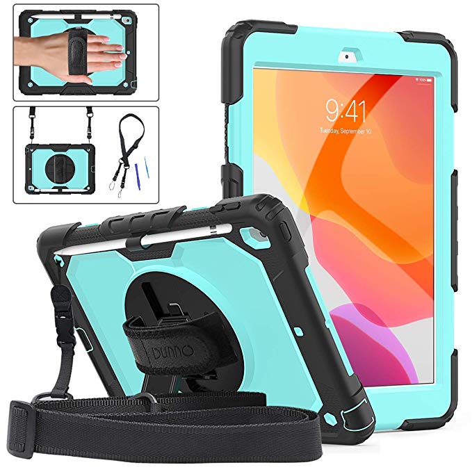 DUNNO New iPad 10.2 Case 2019 - Heavy Duty Protective Case with 360° Rotating Kickstand & Built-in Screen Protector Shockproof Design for iPad 7th Gen 10.2 Inch 2019 (Black/Light Blue)