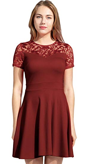 Sylvestidoso Women's A-Line Pleated Short Sleeve Little Cocktail Party Dress with Floral Lace