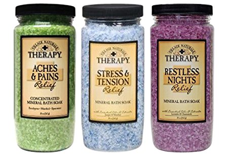 Village Naturals Therapy Mineral Bath Soak Variety Set 3 Pack - Restless Nights, Aches & Pain, Stress & Tension (20oz Jars)