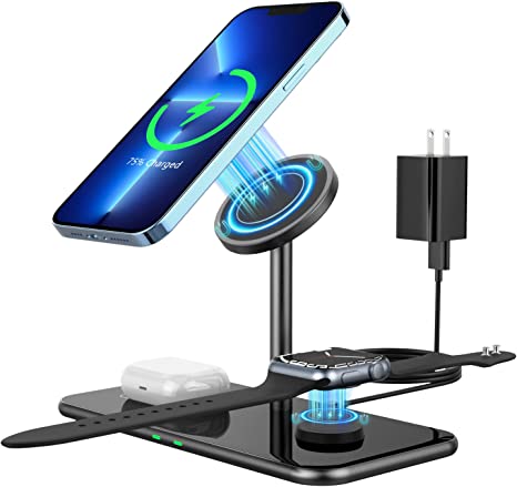 MoKo 3 in 1 Magnetic Wireless Charger Stand, 15W Aluminum Charger Dock Fast Charging Station Compatible with Magsafe iPhone 13/12/Pro/Pro Max/Apple Watch Series SE/7/6/5/4/3/2/AirPods 3/2/Pro