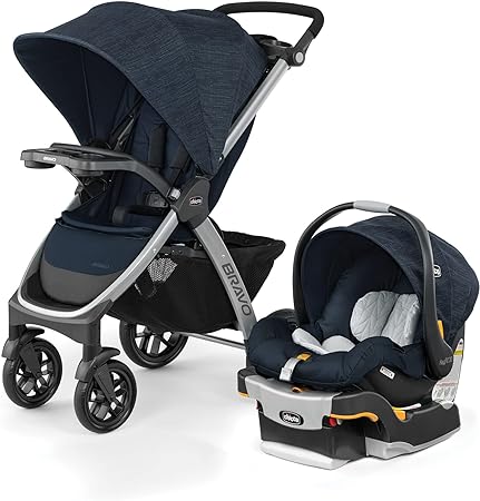 Chicco Bravo 3-in-1 Trio Travel System, Bravo Quick-Fold Stroller with KeyFit 30 Infant Car Seat and Base, Car Seat and Stroller Combo, Brooklyn/Navy