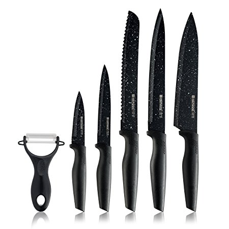 Herzog 5 pcs Knife Set - Extremely Sharp High Quality Non Stick Coating Knives With A Great Grip (Marble Black)