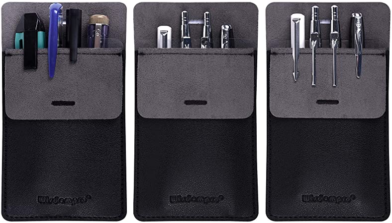 Wisdompro Pocket Protector, 3 Pack PU Leather Heavy Duty Pen Holder Pouch for Shirts, Lab Coats, Pants - Multi-Purpose - Holds Pens, Pointers, Pencils, and Notes - Black