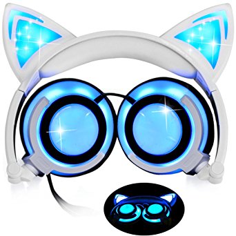 [Upgraded Version]Cat Ear Kids Headphones USB Rechargeable&LED Light Up Foldable Over Ear Headphones Headsets for Girls,Boys,Compatible for iPad,Kids Tablet (New Blue)