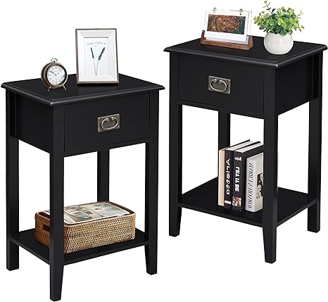 VECELO Nightstands Set of 2, Side End Table with Drawers for Bedroom, Living Room Sofa Bedside, Vintage Accent Furniture Small Space Storage Cabinet, Solid Wood Legs