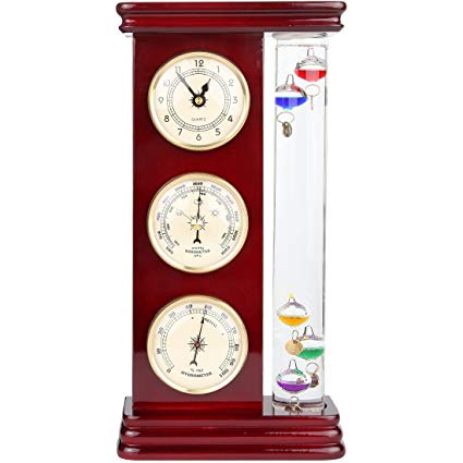 Lily's Home Analog Weather Station, with Galileo Thermometer, a Precision Quartz Clock, and Analog Barometer and Hygrometer, 5 Multi-Colored Spheres (6" L x 2" W x 12" H)