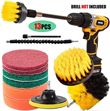QILERUI Drill Power Brush Attachment Set Scrubber Cleaning Brush Kit,13Pack All Purpose Bathroom Surfaces Shower Tile,Grout,Floor,Kitchen Surface,Spin Brush with 2 Pieces Extension Attachment