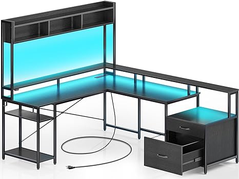 Rolanstar L Shaped Computer Desk with File Drawer,102.4" Gaming Desk with Led Lights & Power Outlets,Home Office Desk with Monitor Stand,Hutch & Storage Shelf,Black