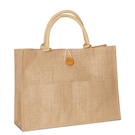 Natural Jute Burlap tote bag with cotton handles buttoned closure front pocket bags Size 18"W x 14"h x 6"Gusset - Carrygreen Bags