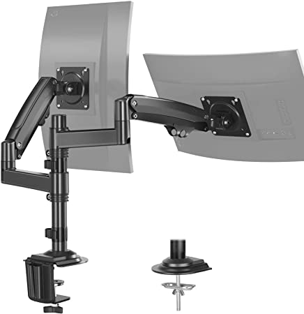 Huanuo Dual Monitor Stand - Height Adjustable Gas Spring Arm Swivel Monitor Desk Mount Fit Two 22 to 32 inch Computer Screen with C Clamp, Grommet Mounting Base, Each Arm Hold 4.4 to 26.5 lbs