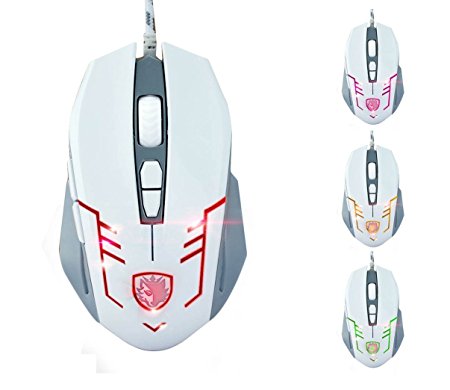 SADES S6 Cataclysm USB PC Gaming Mouse Mice 2500 DPI Omron Micro Switches with 4 Colours LED Lights Braided Cable(White)