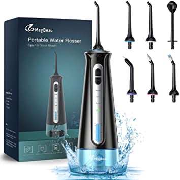 Water Flosser Cordless for Teeth, Electric Teeth Cleaner IPX7 Waterproof Portable and Rechargeable Dental Oral Irrigator with Semi-Hidden Water Tank 6 Jet Tips for Home Travel Braces & Bridges Care