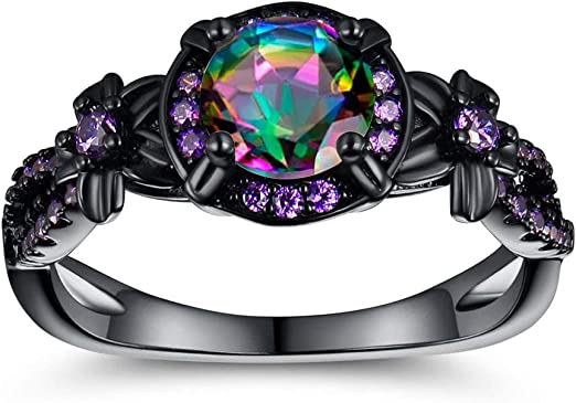 18K Black Gold Plated Round Created Rainbow Mystic Quartz CZ Amethyst Ring Band Eternity Jewelry Gifts for Women Men