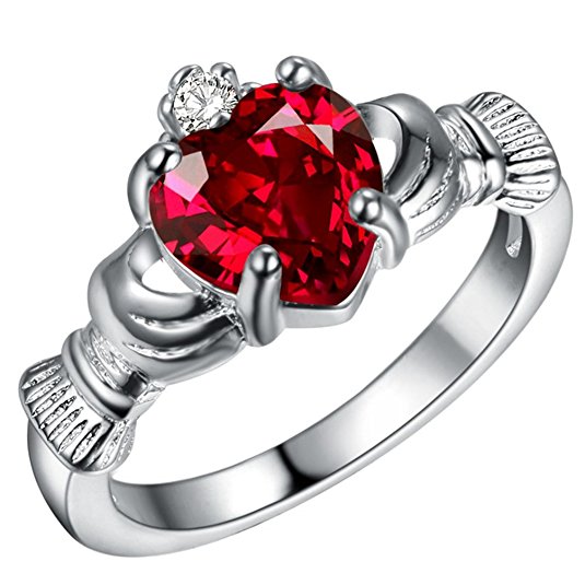 FENDINA Womens Silver Plated Gorgeous Manmade Heart Ruby Claddagh Rings Solitaire Promise Engagement Wedding Bands Eternity Collection Anniversary Rings for Her Valentin's Day Gifts
