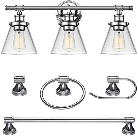 Globe Electric Parker 5-Piece All-in-One Bathroom Set, Chrome, 3-Light Vanity Light with Clear Glass Shades, Towel Bar, Towel Ring, Robe Hook, Toilet Paper Holder 51234