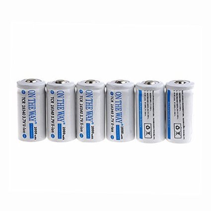 On The Way 2000mAh 16340 CR123A 3.7V Rechargeable Lithium Battery (Pack of 6)