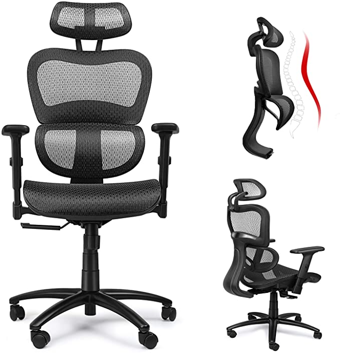 Komene Ergonomic Office Chair High Back Computer Desk Chair with Adjustable Headrest, Lumbar Support and 3D Armrest, 360°Swivel Executive Chair（Black