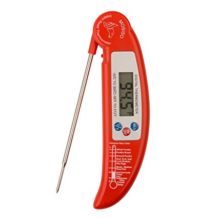 Mosiso Ultra Fast Instant Read Digital Electronic Food / Barbecue Meat Thermometer With Collapsible Internal Probe and BBQ Meat Internal Temperature Chart, Red