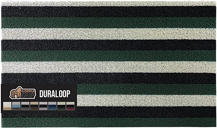 Gorilla Grip Heavy Duty Striped Doormat, 30x17.5, Thick Bristles, Crush Proof Texture, Catches Dirt from Shoes, Strong Backing, Easy to Clean, Indoor and Outdoor Entrance Mas, Hunter Green Black Beige