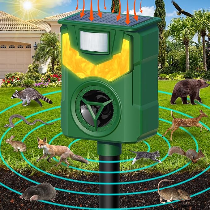 Solar Animal Repeller Outdoor,2023 Upgrade Ultrasonic Animal Repeller,Cat Repellent Outdoor,Squirrel Repellent with Motion Sensor & Flame Light,Waterproof Raccoon Repellent Devices,Repel,Deer,Rabbit