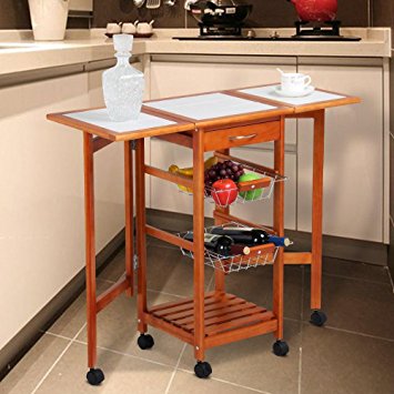 Yaheetech Portable Rolling Drop Leaf Kitchen Island White Tile Top Trolley Table Cart with Drawers and Baskets