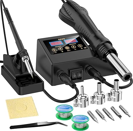 Daxiongmao 2 in 1 Hot Air Rework and Soldering Iron Station with °F /°C, Cool/Hot Air Conversion, Digital Temperature Correction and Sleep Function, Gift for Men