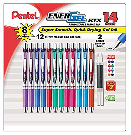 Pentel EnerGel RTX Retractable Metal Tip Pen, 0.7mm, 12 Assorted Colors with 2 Refills (BL77F14C)