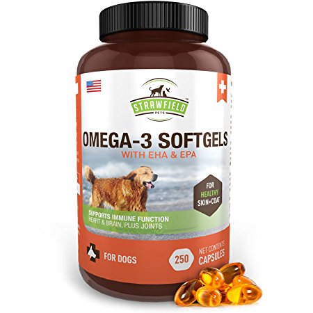 Strawfield Pets Omega 3 Fish Oil for Dogs -1000 Milligram, 250 Softgels - DHA EPA Pet Supplement for Joint Health Support, Arthritis, Healthy Coat, Dry Itchy Skin Hotspot, Shedding, Inflammation, USA