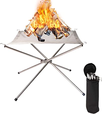 Portable Fire Pit Collapsing Stainless Steel Mesh Fireplace 16.5 Inch Foldable Camping Fire Pit - Camping Gear for Camping, Outdoor, Patio, Backyard and Garden (Silver)