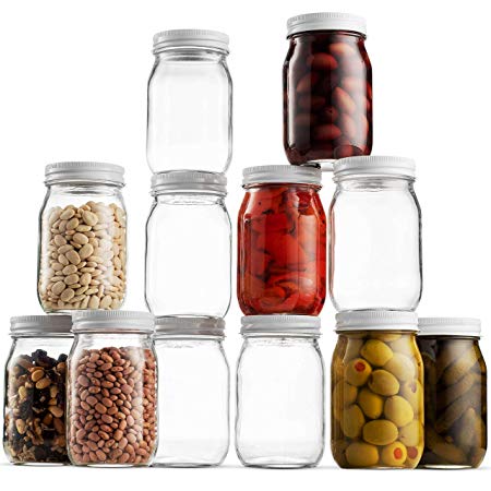 Glass Mason Jars 16 Ounce (1/2 Quart) - 12 Pack - Regular 3" Mouth, Metal Airtight Lid, USDA Approved, Pickling, Preserving, Jam, Jelly, Canning Jars, Dry Food Storage, Craft Storage, Decorating Jar.