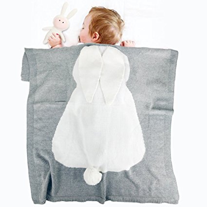 Zebrum Baby Knitted Cotton Quilt Blanket,30"x40" Cuddle Sheet for Newborn/Infant/Kids,Soft/Cozy,Breathable,Felt Bunny Ears,Four Seasons All Weather (Grey &White)