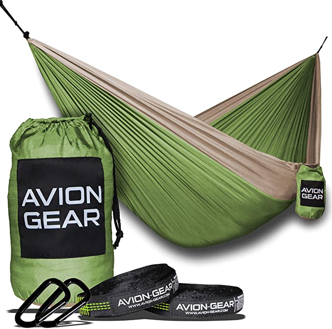 Avion Gear Single   Double Camping Hammock & Tree Straps, Portable & Lightweight Nylon Parachute Hammock for Outdoor Travel & Backpacking Complete Kit – Khaki