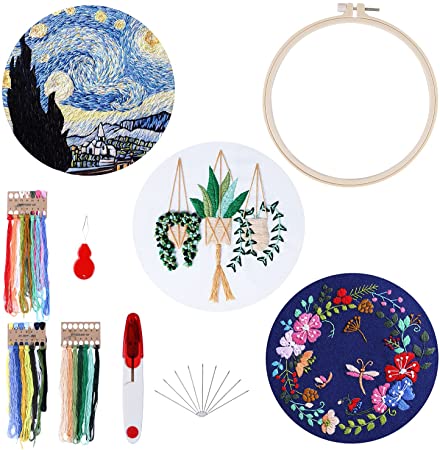 Embroidery Kit for Beginners - DIY Cross Stitch Kits for Adults with Pattern, Embroidery Kits Include 1Embroidery Hoops with 3Interchangeable Embroidery Patterns, Color Threads Needles