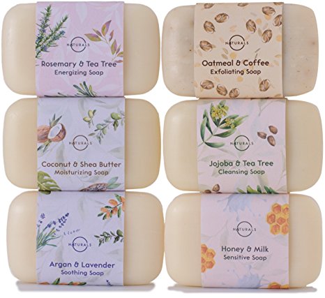 O Naturals 6 Piece Moisturizing Body Wash Soap Bar Collection. 100 Percent Natural, Made With Organic Ingredients, Infused With Therapeutic Essential Oils. Triple Milled, Soap For Women and Men. 4 Ounce Each.