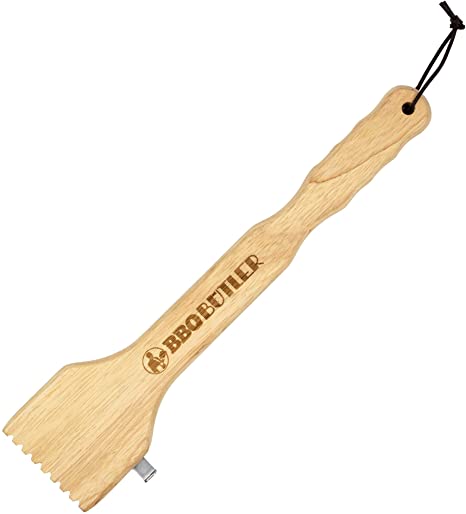 BBQ Butler Wood Grill Scraper - Wooden Barbecue Cleaner - BBQ Tools - Bristle Free - Food Safe Oak Grill Scraper with Metal Scraping Hook and Bottle Opener