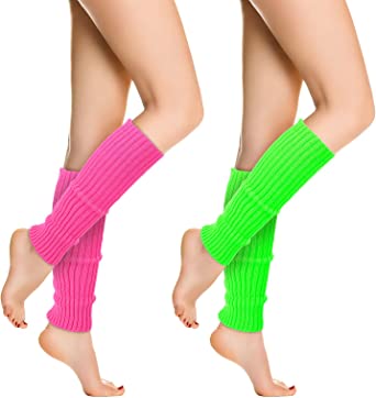 Yolev 2 pairs 80s Women Neon Leg Warmers Knit Ribbed Leg Warmer for Party Costume Accessories and Sports Yoga Supplies（Rose Red   Fluorescent Green）