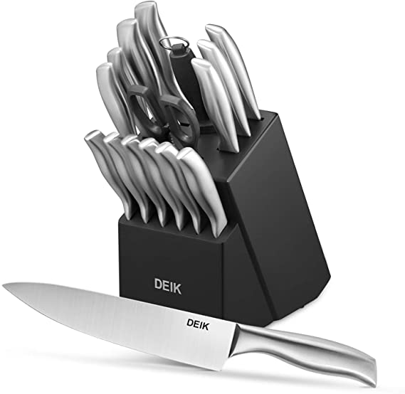 Deik Kitchen Knife Set, 16 PCS Knife Block Set, Stainless Steel, Including Chef Knife, Carving Knife, Santoku Knife, Bread Knife, Utility Knife, Steak Knife, Paring Knife, Scissors and Sharpener