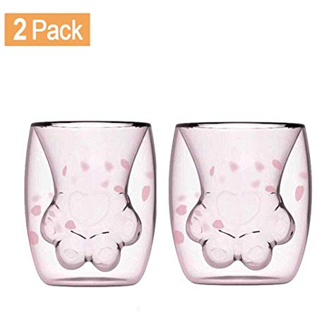 Cat Paw Mug,2 Pack Cute Cat Claw Double Wall Coffee Milk Glass Cup Handmade Creative Tea Whiskey Glass Cup Sakura Pink