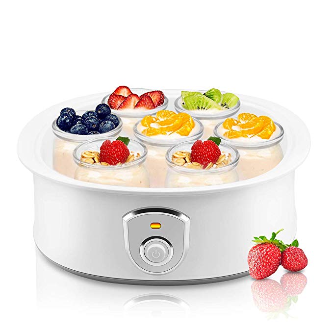 Automatic Yogurt Maker Machine 7 Glass Greek Jars Customize To Your Flavor And Thickness Electric Maker 1.5L (White)