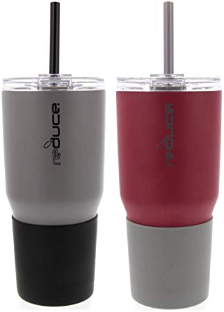 reduce COLD-1 34oz Stainless Steel Insulated Tumbler w/Straw & Lid - Tumbler Keeps Drinks Hot & Cold- A Perfect Water & Coffee Travel Mug For the Office, Car & Home – Gravel/Black & Red/Grey, 2 Pack