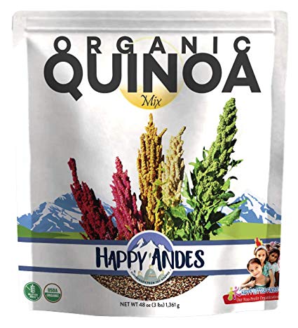 Happy Andes Tri-Color Organic Quinoa 3 lbs - Non Gluten, Whole Grain Rice Substitute - Ready to Cook Food for Oats and Seeds Recipes - Healthy Meal with Vitamins and Protein - Best Value