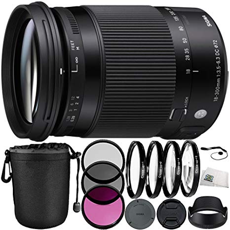 Sigma 18-300mm f/3.5-6.3 DC MACRO OS HSM Contemporary Lens for Nikon F Bundle with Manufacturer Accessories & Accessory Kit (13 Items)