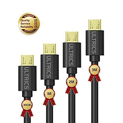 ULTRICS® Short & Extra Long Micro USB Cable [30CM 1M 2M 3M- 4Pack] Premium Quality USB 2.0 A Male to Micro B 22 AWG Gold Plated 6000  Bend Span Data Sync Power Bank Charging Cable Android, Samsung, Tablets, PS4 - BLACK