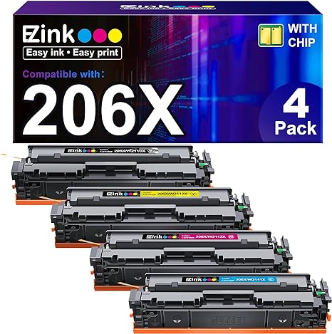 E-Z Ink (TM Compatible for HP-206X-Toner-Cartridge 4-Pack High-Yield Replacement for W2110X 206A to Use with HP Color Laserjet Pro MFP-M283fdw M283cdw Pro M255dw M283 M255 (Black Cyan Yellow Magenta)