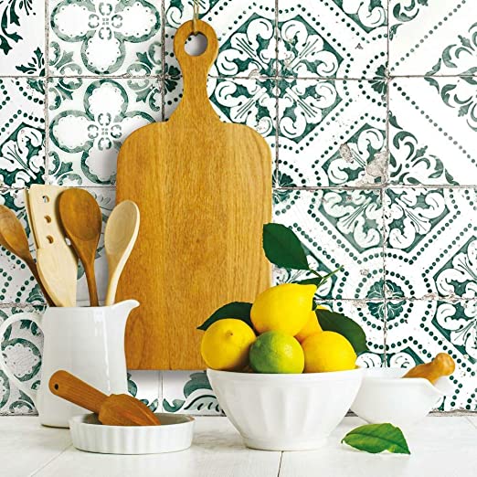 RoomMates Teal Mediterranean Tile Peel and Stick Wallpaper