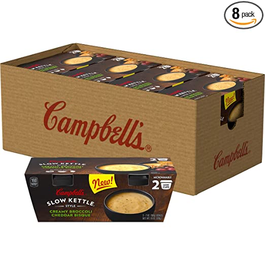 Campbell's Slow Kettle Style Microwave Soup, Creamy Broccoli Cheddar Bisque, Lunch Snack, 7 Oz Cup, 2 Count (Pack of 8)