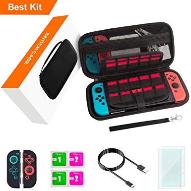 Switch Case,Switch Accessories for Nintendo Switch Include Carrying Case,Glass Screen Protectors,Joycon Skins,Charging Cable,Wipes,29 Games & 2 Micro SD Holders,All in One Starter Kit,Hard Shell,Black